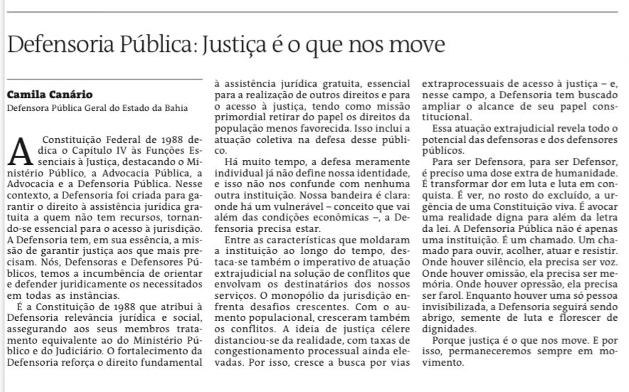 Artigo publicado pela defensora-geral, Camila Canário, no jornal A Tarde de domingo