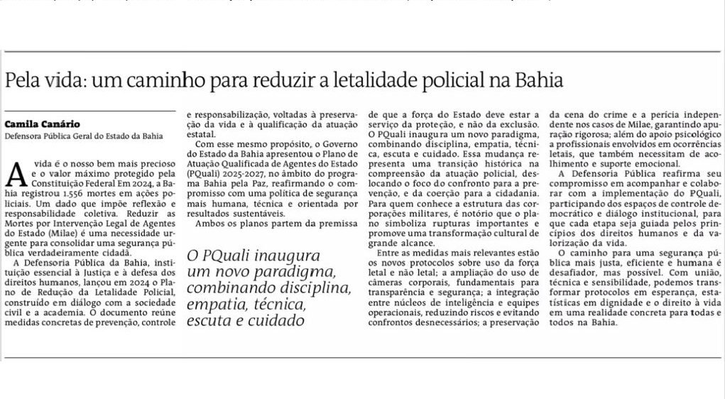 Artigo publicado pela defensora-geral, Camila Canário, é destaque no jornal A Tarde